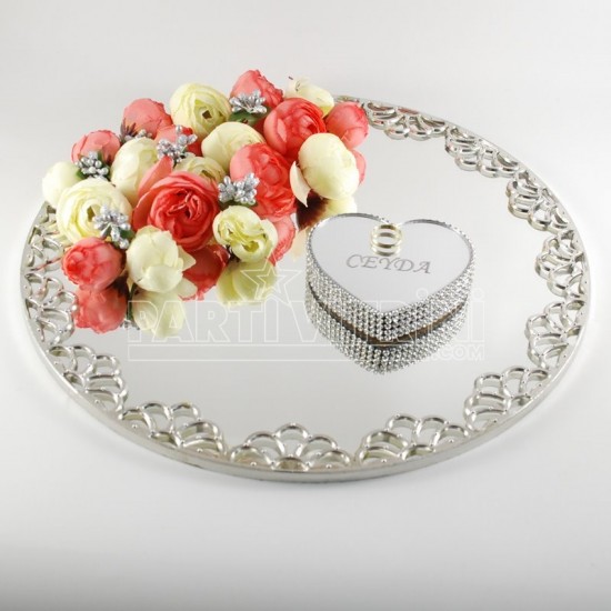 Ayna Nişan Tepsisi Gümüş Renk Çiçek Süslemeli
