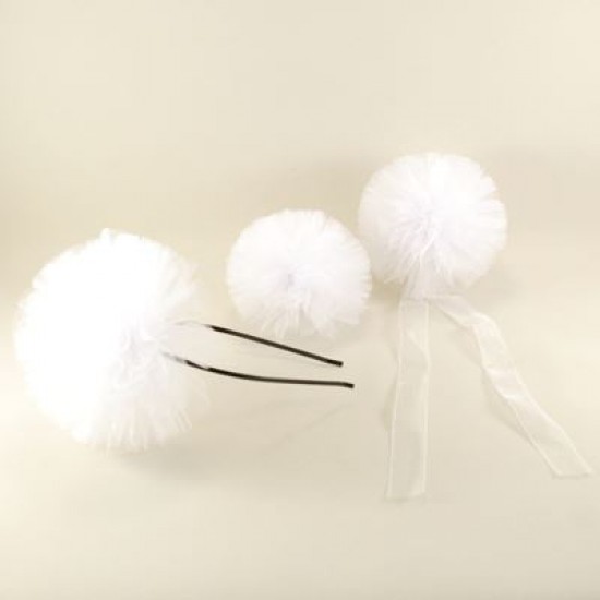 Beyaz Taç-Kokart-Bileklik 3 lü Tül Ponpon Seti