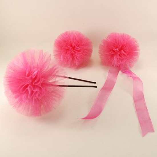 Fuşya Taç-Kokart-Bileklik 3 lü Tül Ponpon Seti