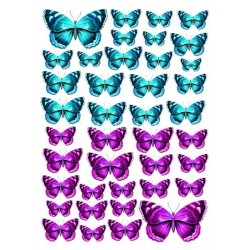 Turkuaz ve Lila Kelebekler Temalı Yenilebilir Resimli Pasta Kurabiye Üstü Gofret Plaka Baskısı