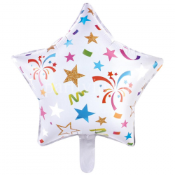 Yıldız Şeklinde Havai Fişek Baskılı Folyo Balon Beyaz Renk 18 İnç