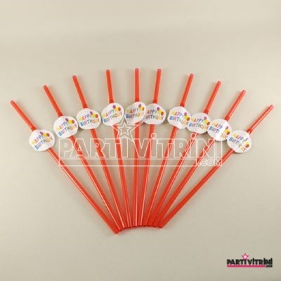 Happy Birthday Temalı Kırmızı Körüklü Parti Pipeti 10 Adet