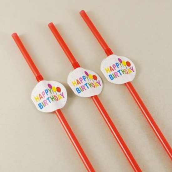 Happy Birthday Temalı Kırmızı Körüklü Parti Pipeti 10 Adet