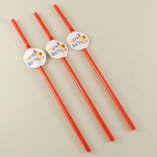 Happy Birthday Temalı Kırmızı Körüklü Parti Pipeti 10 Adet