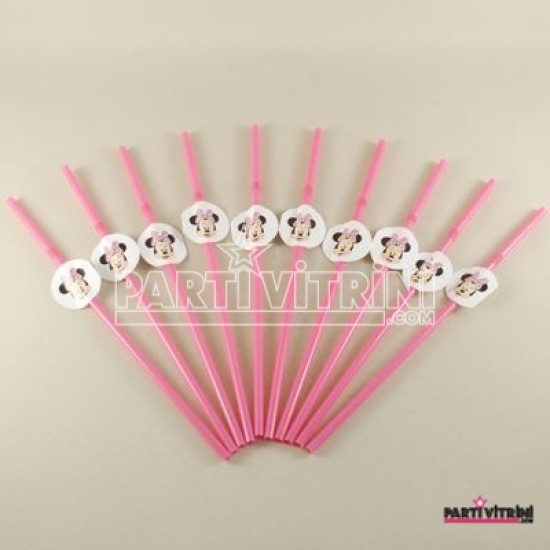 Minnie Mouse Temalı Pembe Körüklü Parti Pipeti 10 Adet