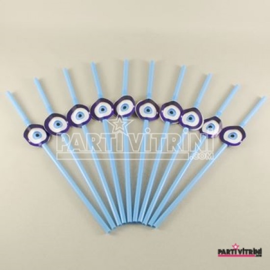 Nazar Boncuğu Temalı Mavi Körüklü Parti Pipeti 10 Adet