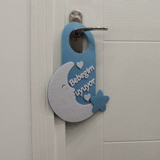 Bebeğim Uyuyor Mavi Keçe Kapı Süsü 20.5x31.5 cm