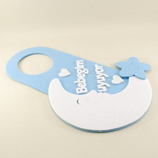 Bebeğim Uyuyor Mavi Keçe Kapı Süsü 20.5x31.5 cm