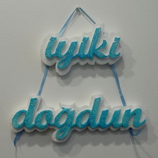 İyiki Doğdun Mavi Simli Strafor Kapı Süsü
