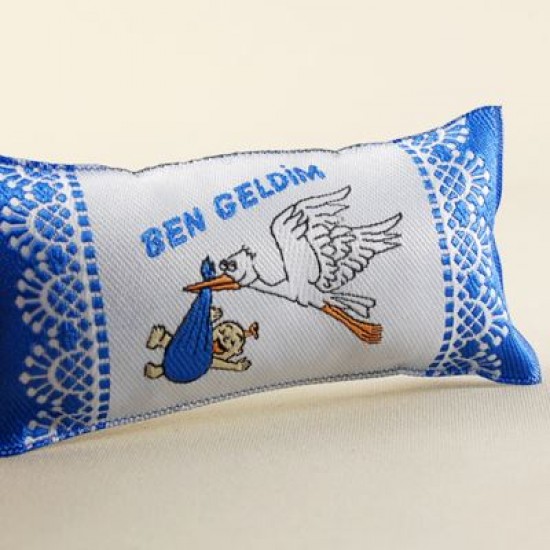 Ben Geldim Mavi Leylekli Minik Kumaş Yastık 10x4x3 Cm
