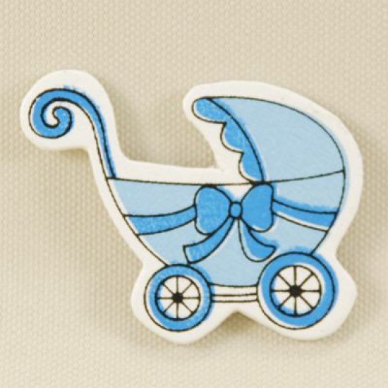 Bebek Arabası Şeklinde Mavi Sticker Ahşap Bebek Şekeri Süsü 20 Adet