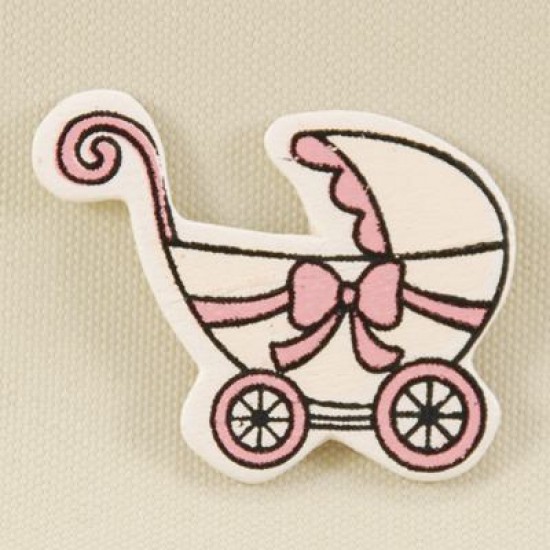 Bebek Arabası Şeklinde Pembe Sticker Ahşap Bebek Şekeri Süsü 20 Adet