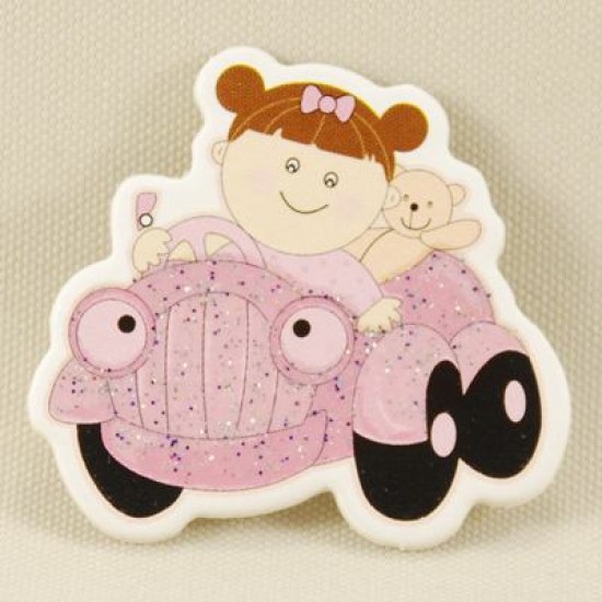 Pembe Araba Ve Kız Bebek Görselli Ahşap Bebek Şekeri Süsü 20 Adet