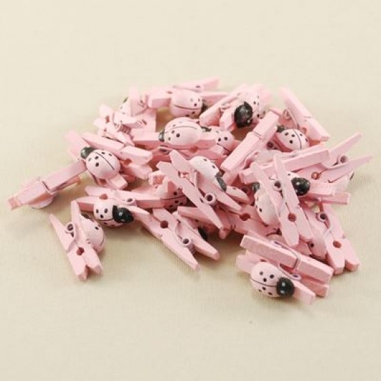 Uğur Böceği Mandal Minik Ahşap Pembe 25 mm X 7 mm 50 Adet