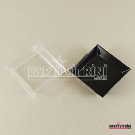 Mini Boy Tapas Siyah Şeffaf Kare Plastik Tabak 30 Adet