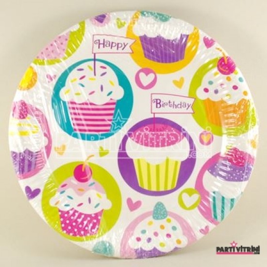 Cupcake Resimli Happy Birthday Kağıt Tabak 10 Adet