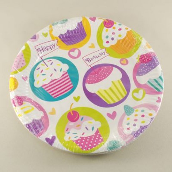 Cupcake Resimli Happy Birthday Kağıt Tabak 10 Adet