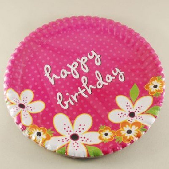 Çiçek Resimli Pembe Happy Birthday Tabaklar 10 Adet