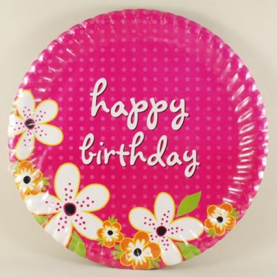 Çiçek Resimli Pembe Happy Birthday Tabaklar 10 Adet