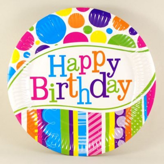 Happy Birthday Rengarenk Puantiyeli Kağıt Tabak 10 Adet