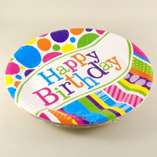 Happy Birthday Rengarenk Puantiyeli Kağıt Tabak 10 Adet
