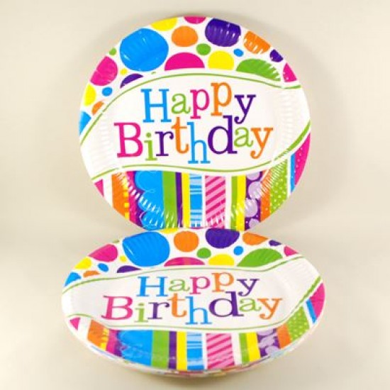 Happy Birthday Rengarenk Puantiyeli Kağıt Tabak 10 Adet