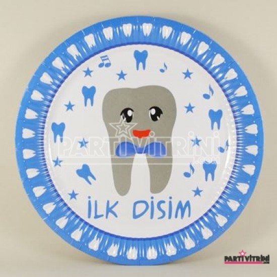 İlk Dişim Yazılı Mavi Kağıt Tabak