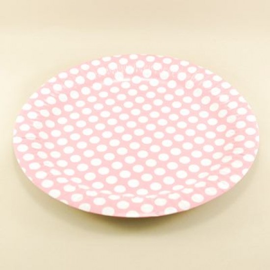 Pembe Beyaz Küçük Puantiyeli Kağıt Tabak 8 Adet
