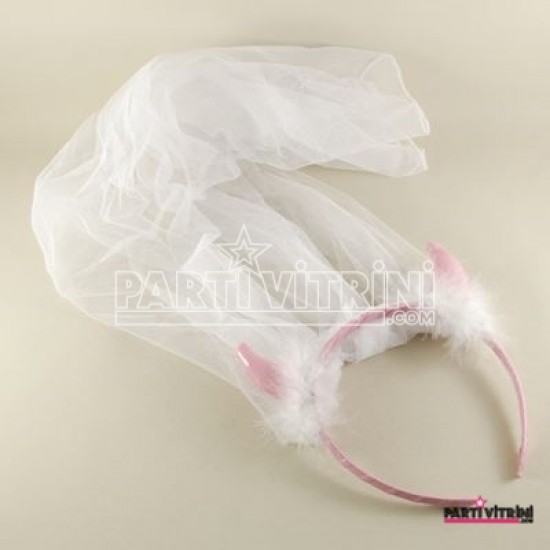 Beyaz Tül Duvaklı Deri Boynuzlu Ve Beyaz Tüylü Taç