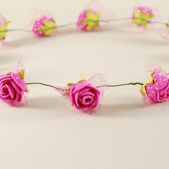 Fuşya Tüllü Ve Çiçekli Gelin Taçı