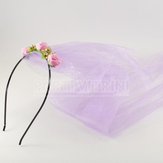 Kına Tacı Lila Tüllü Ve Pembe Çiçekli