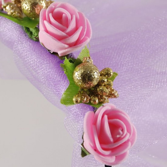 Kına Tacı Lila Tüllü Ve Pembe Çiçekli