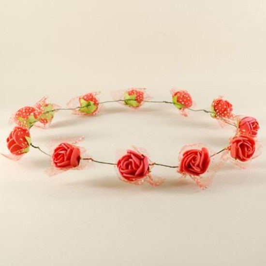 Kırmızı Tüllü Ve Çiçekli Gelin Taçı