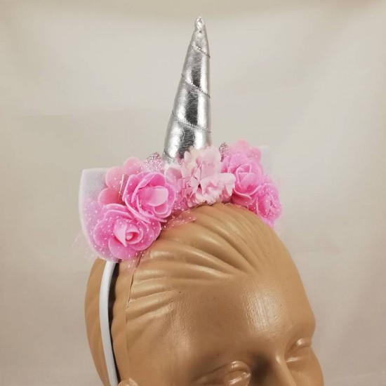 Gümüş Renk Tek Boynuzlu Unicorn Taç Pembe Çiçekli