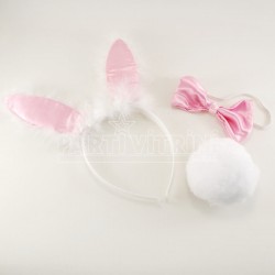 Pembe Tavşan Kulaklı Taç Ponpon Papyon Seti