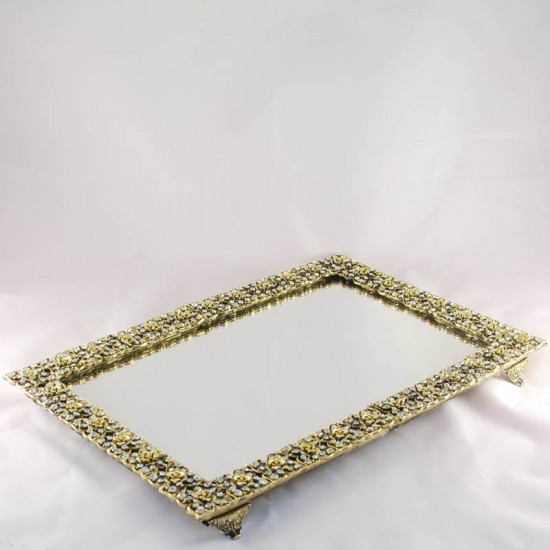 Gold Renk Taşlı Ve Gül Desenli Ayna Söz Ve Nişan Tepsisi