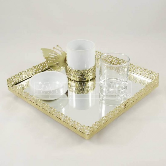 Damat Kahvesi Fincan Ve Tepsi Seti Kare Gold Renk