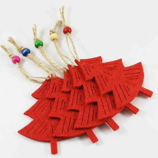 Kırmızı Renk Boncuklu Çam Ağacı keçe Yılbaşı Ağacı Süsü 5 Adet