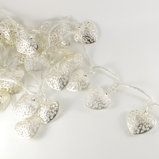 Gümüş Renk Kalpli Gün Işığı Yanan Led Yılbaşı Işıkları