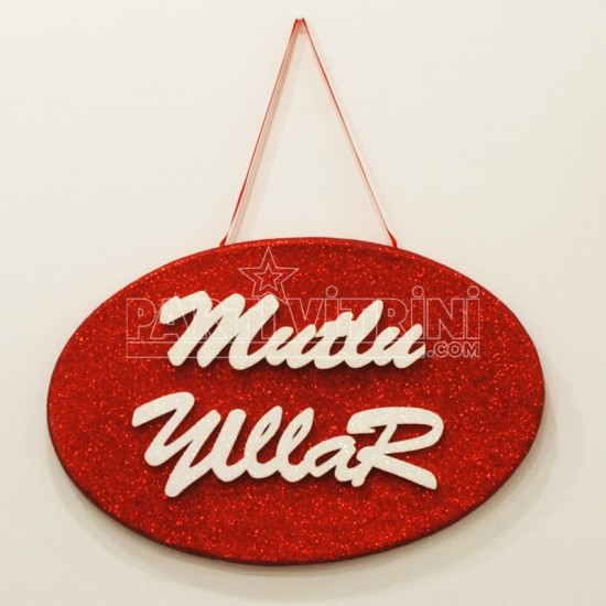 Mutlu Yıllar Kırmızı Simli Strafor Kapı Süsü