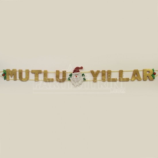 Mutlu Yıllar Yazısı Altın Renk Noel Baba Figürlü
