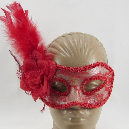Kırmızı Dantel Tüylü Maske