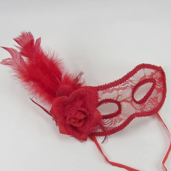 Kırmızı Dantel Tüylü Maske