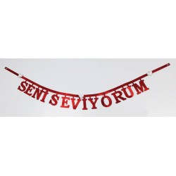 Seni Seviyorum Simli Kırmızı Eva Yazı Seti