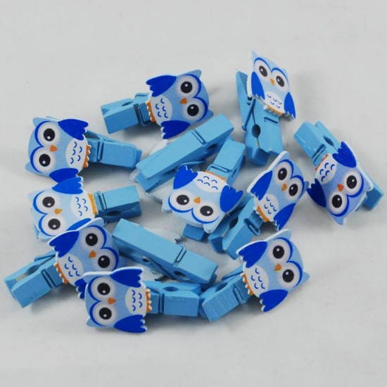 Baykuşlu Mandal Minik Mavi Renkli 10 Adet 3,5 Cm