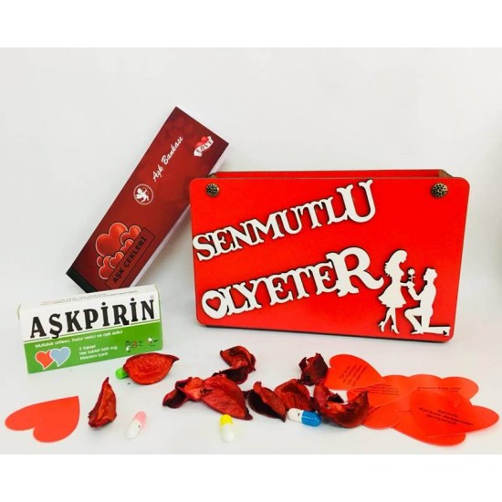 Sen Mutlu Ol Yeter Ahşap Kutu Sevgililer Günü Seti